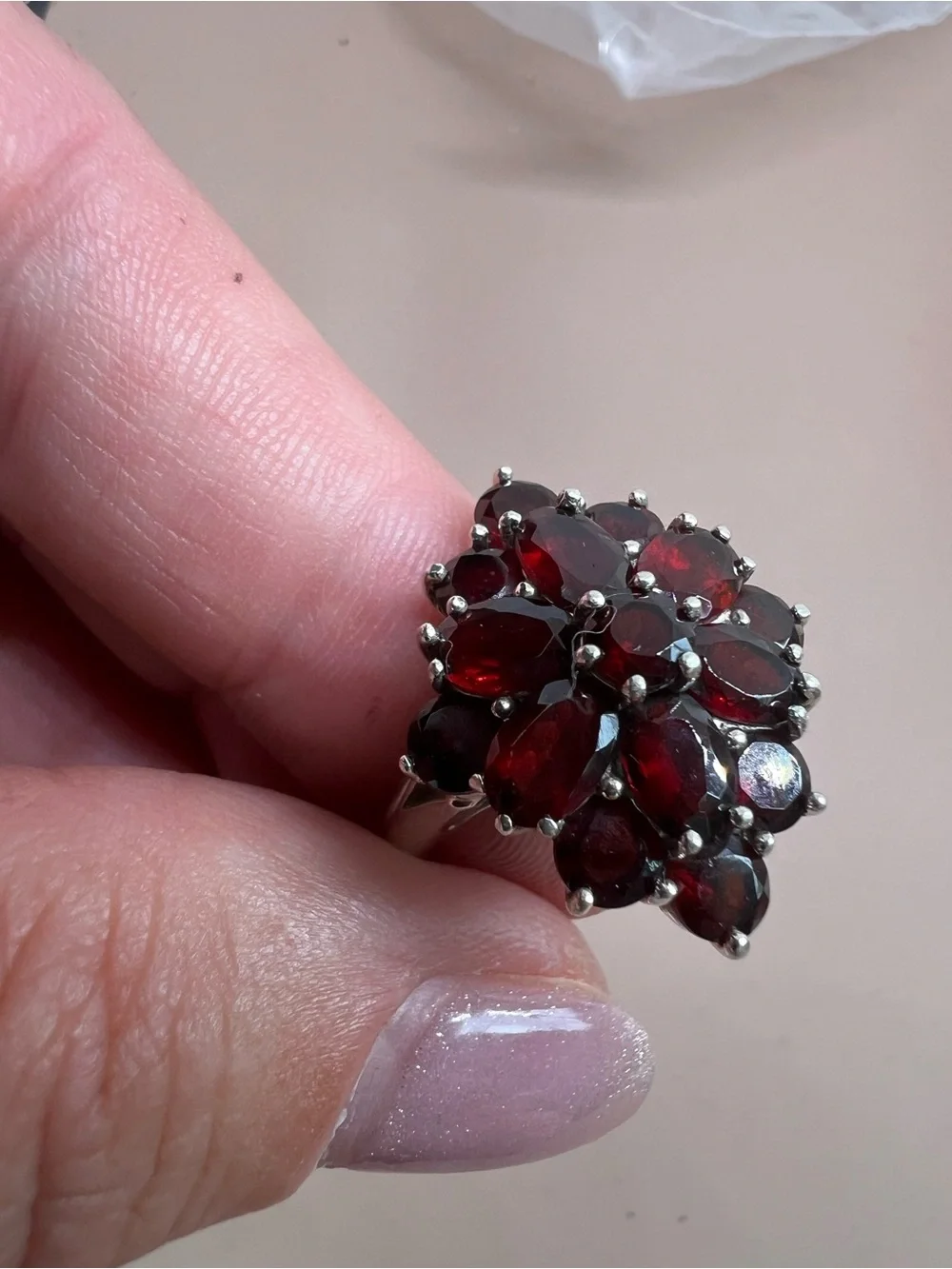 Sterling Silver Garnet Cluster Ring - Deep Red